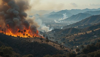 A large wildfire with smoke with houses and cars in the backdrop