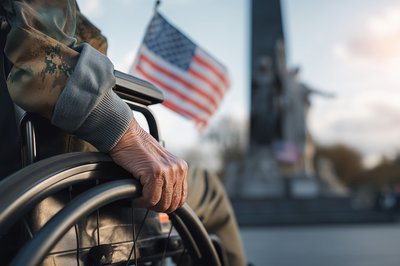 A person in a wheelchair looking at the U.S. flag and a monument
