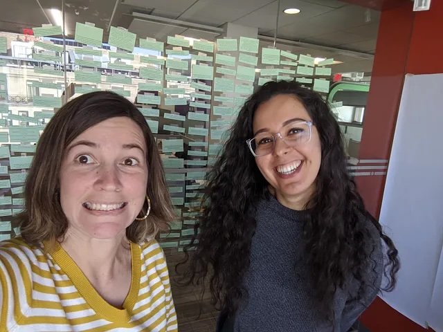Bloom Works co-founder Emily Wright Moore synthesizing findings from a discovery sprint with Sarah Fathallah and Think of Us