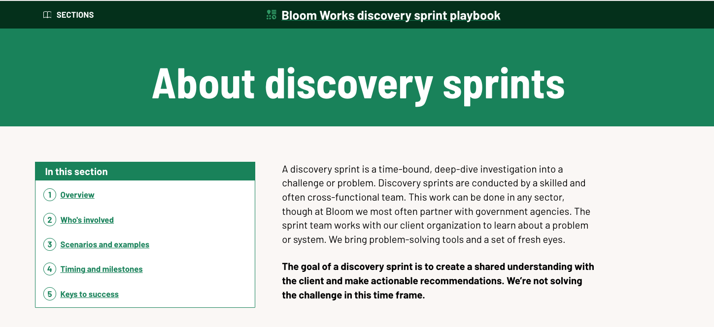 Screenshot of Bloom's discovery sprint playbook with intro text explaining that a discovery sprint is a time-bound, deep-dive investigation into a challenge or problem.