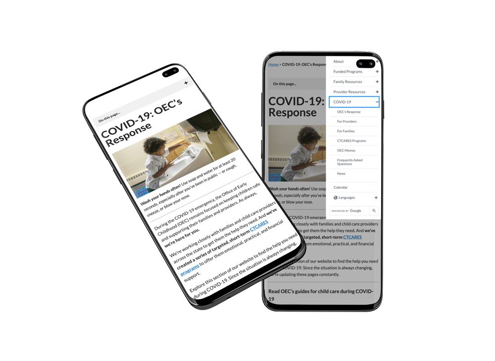 A mobile phone showing a navigation menu. The menu has a COVID-19 section that includes information for providers, families, news, and frequently asked questions.